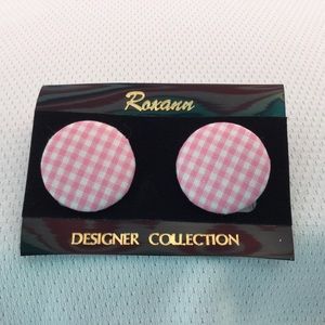 Gingham Button Earrings Pink & White Stud Fabric Covered Button Earrings